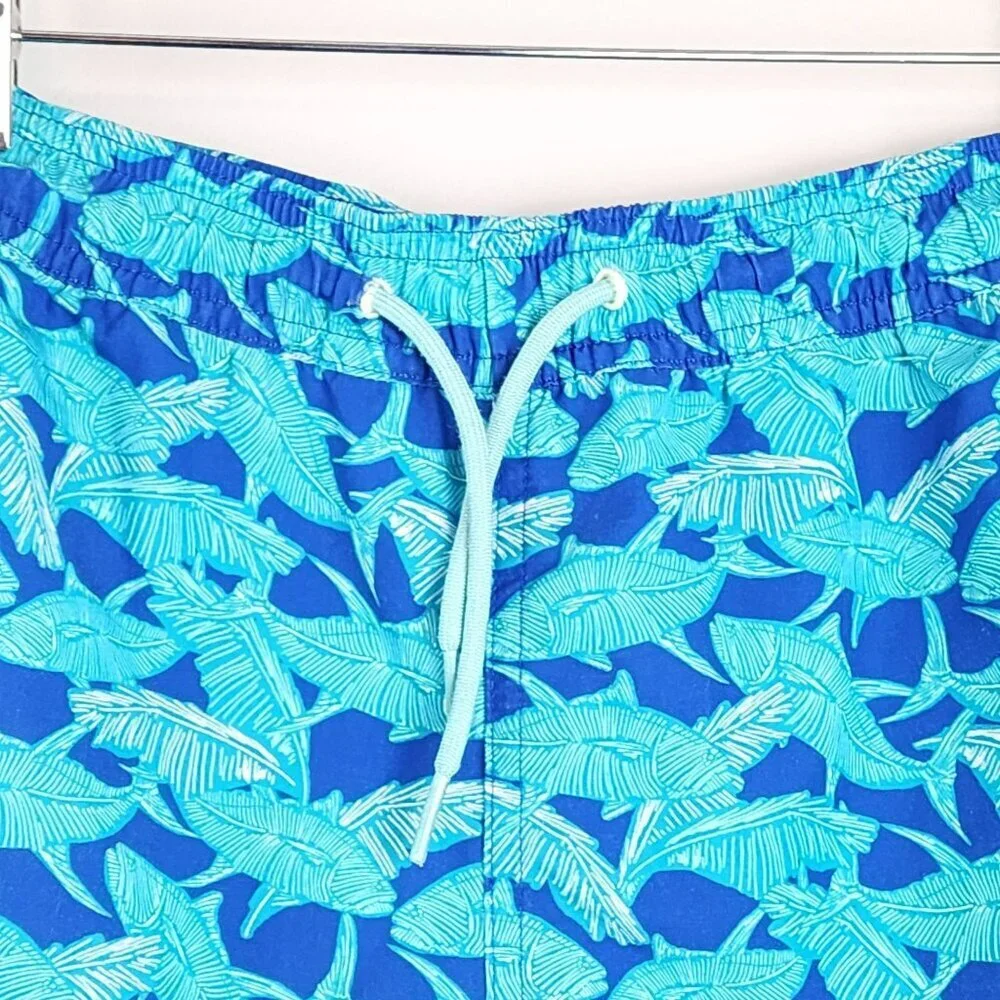 Vineyard Vines Boy M Blue Tropical Leaf Swim Trunks  Elastic Waist Drawstring